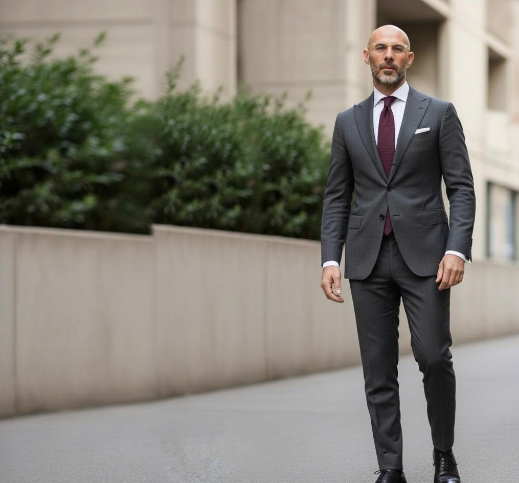 Antonio Gigliotti in abito grigio scuro, cravatta bordeaux e occhiali cammina accanto a un muro di cemento con siepe