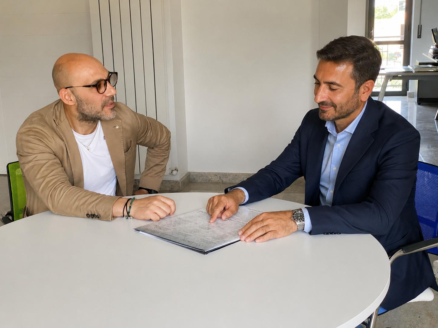 Due uomini a un tavolo bianco rotondo in ufficio esaminano un documento, uno in giacca beige e l'altro in blazer blu